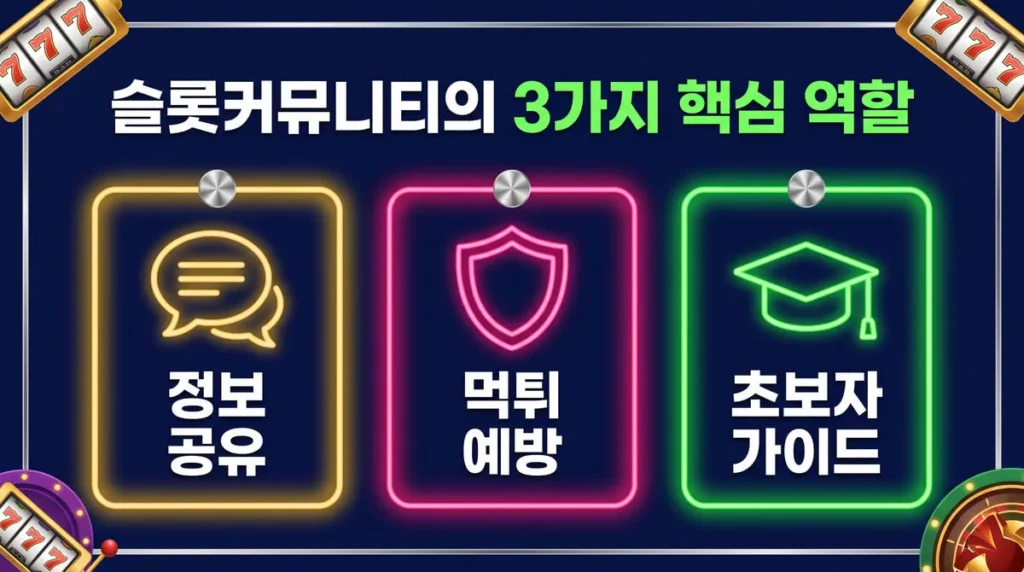 슬롯커뮤니티의 3가지 핵심 역할 인포그래픽 이미지